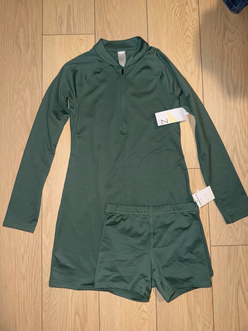 Zella Forest Green Long Sleeve Swim Dress with Matching Shorts